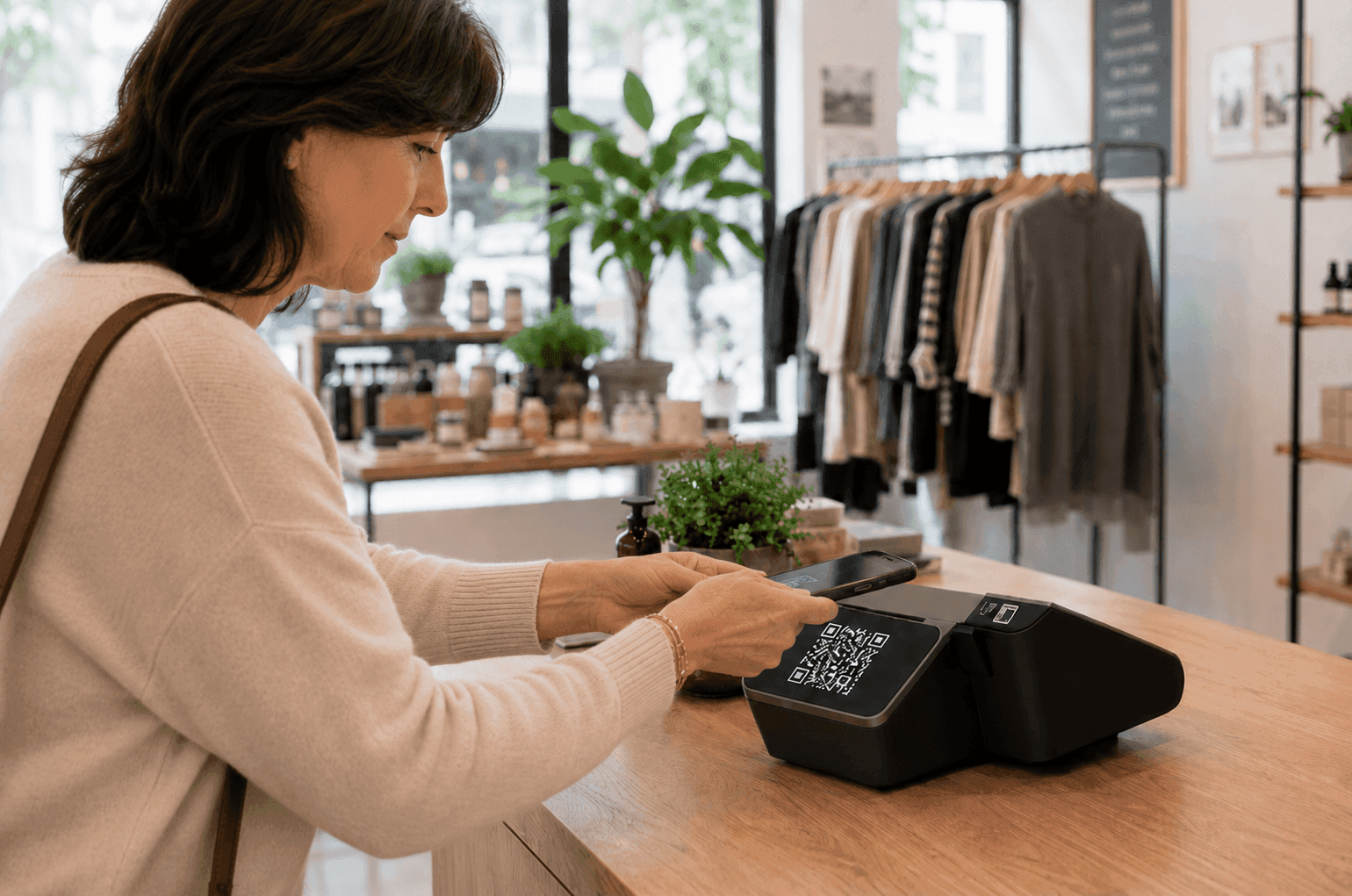 Customer taps smartphone on a payment terminal in a boutique store.
