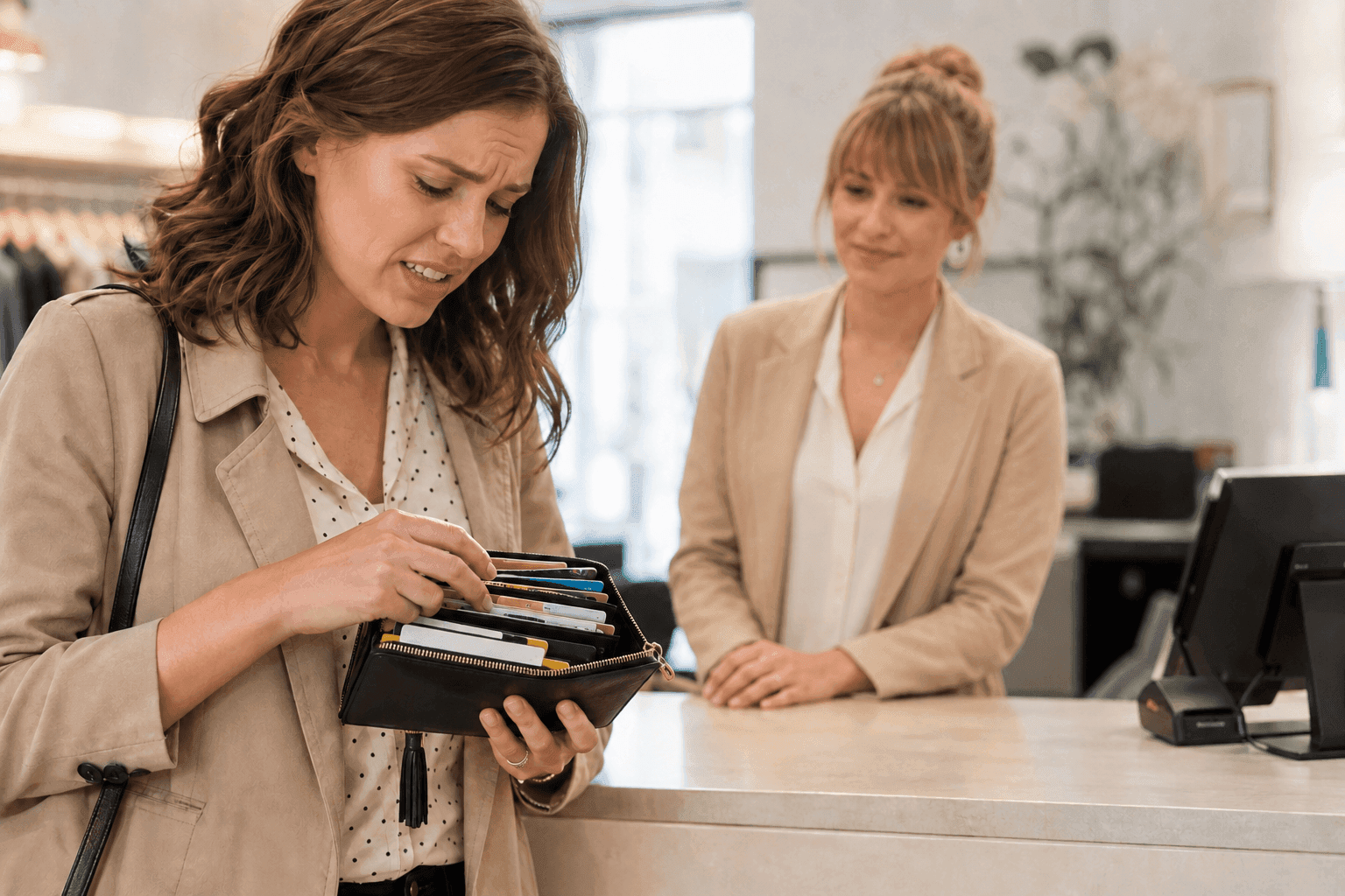A woman with a concerned expression examines her wallet at a store checkout counter.