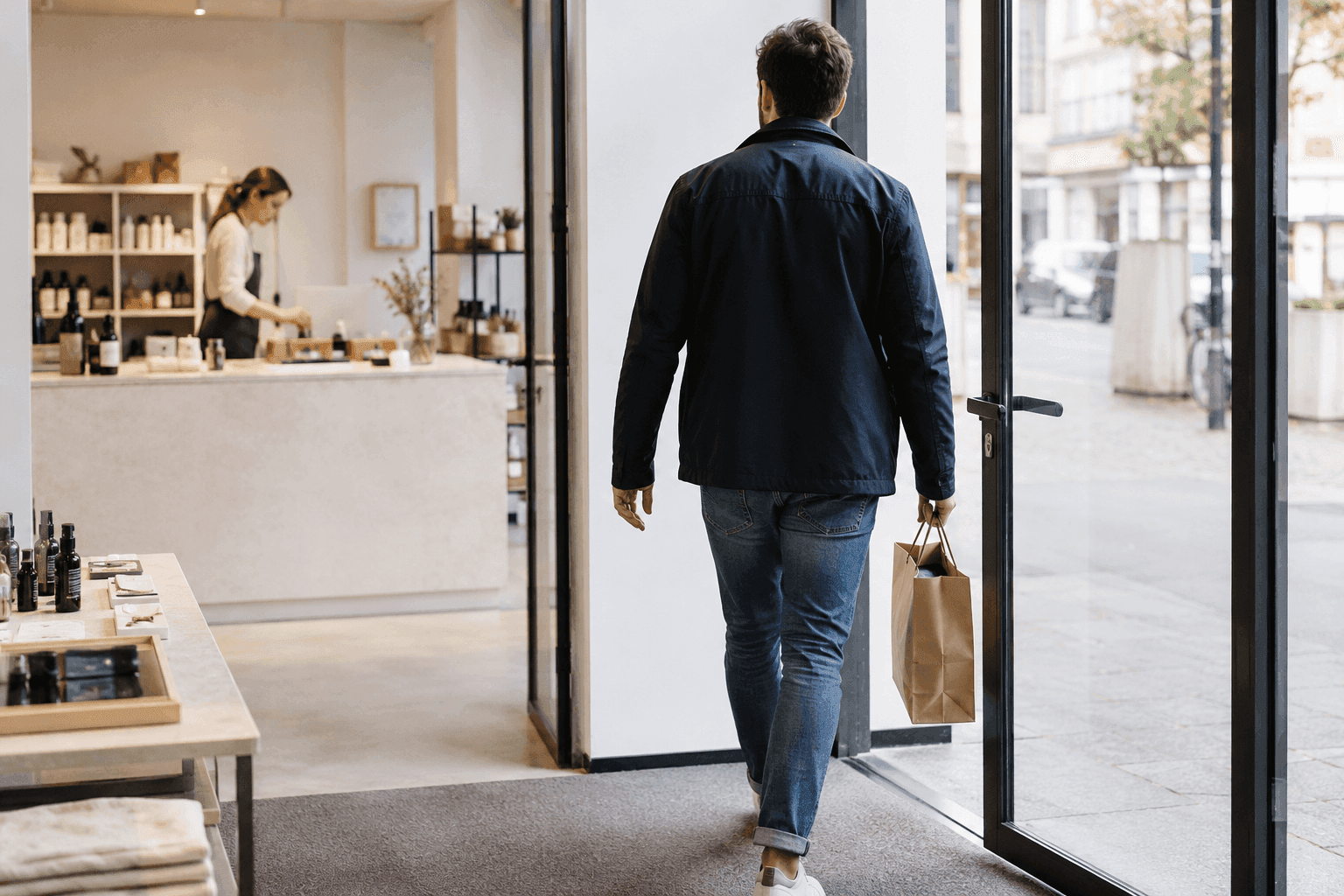 Man exiting a modern boutique store, carrying a brown paper shopping bag.