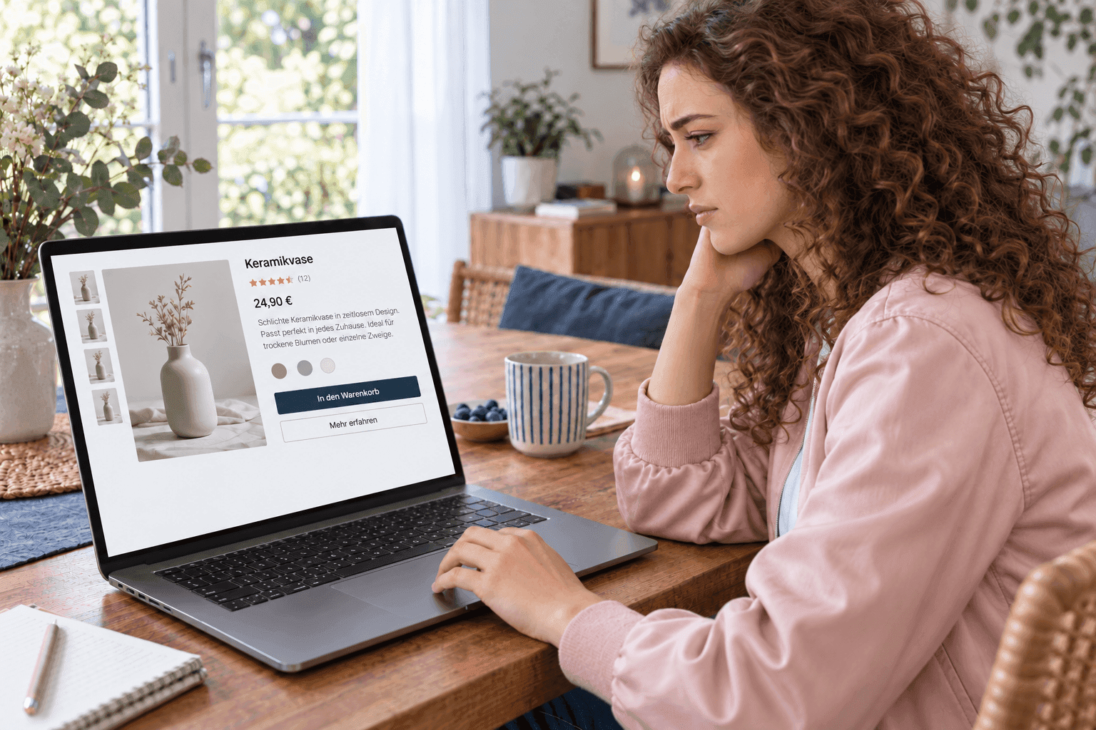 Young woman shops online for a natural vase with dried flowers on her laptop.
