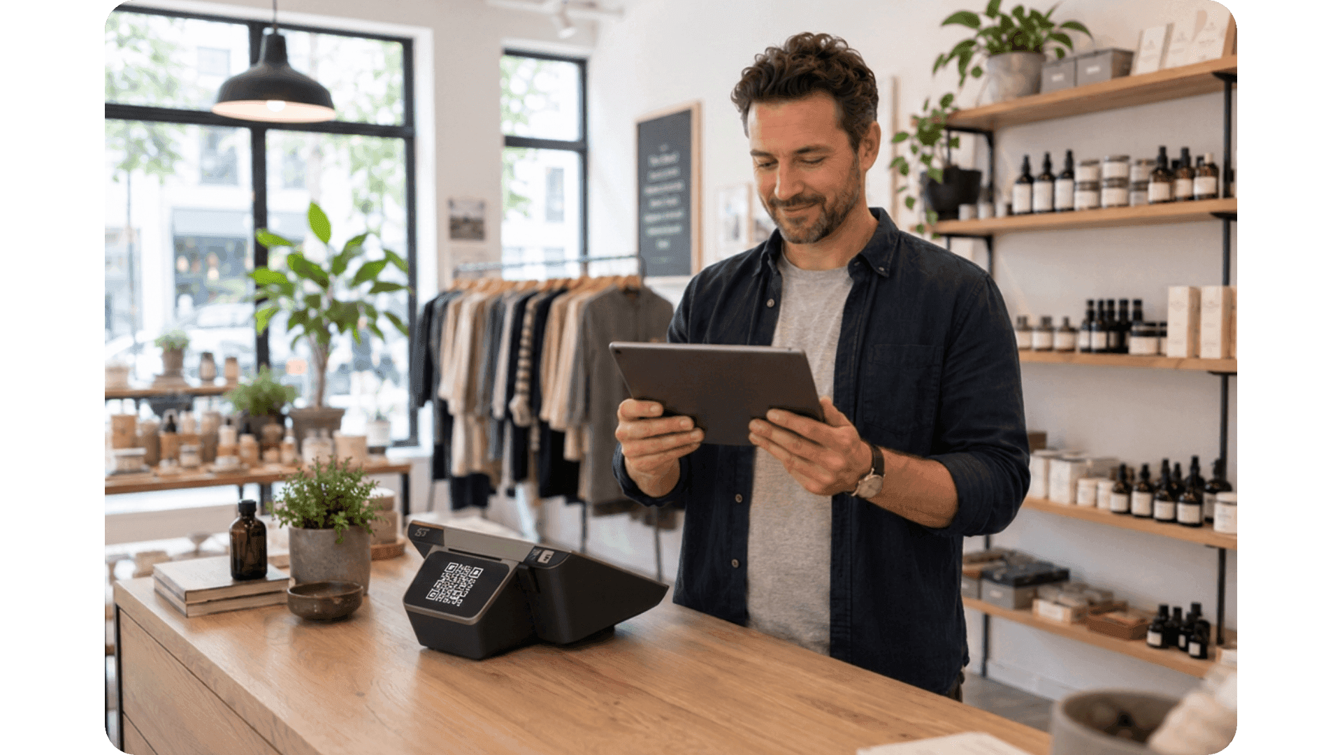 Man smiling and using a tablet at a retail store checkout counter.