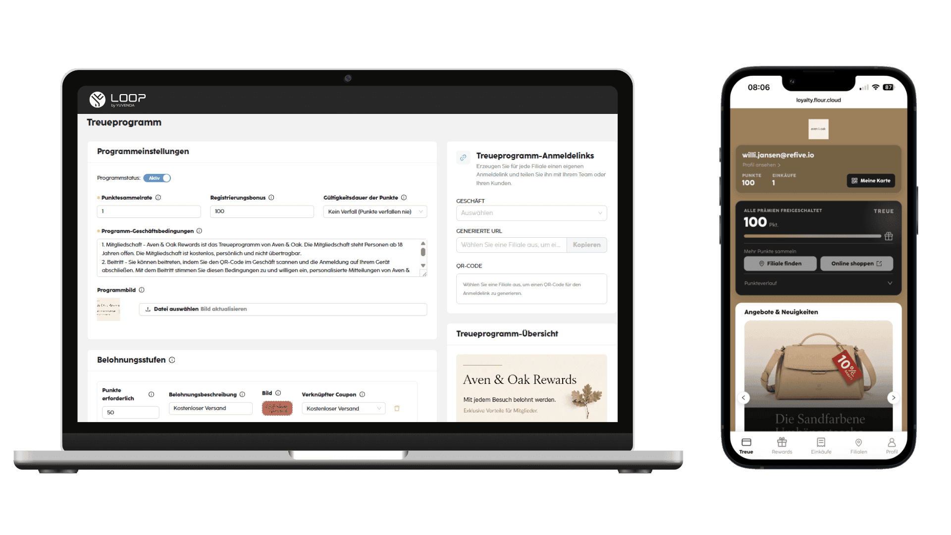 Laptop displaying a backend system and a smartphone showing a mobile rewards app.