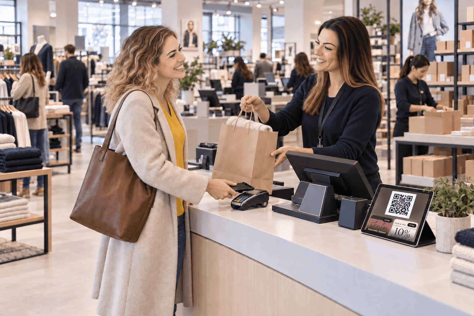 Customer receives a shopping bag from a sales assistant at a modern store checkout.