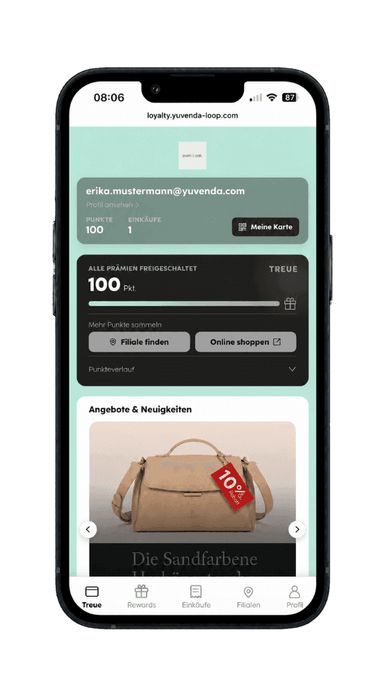 Mobile app with loyalty points and a beige handbag marked "SALE".
