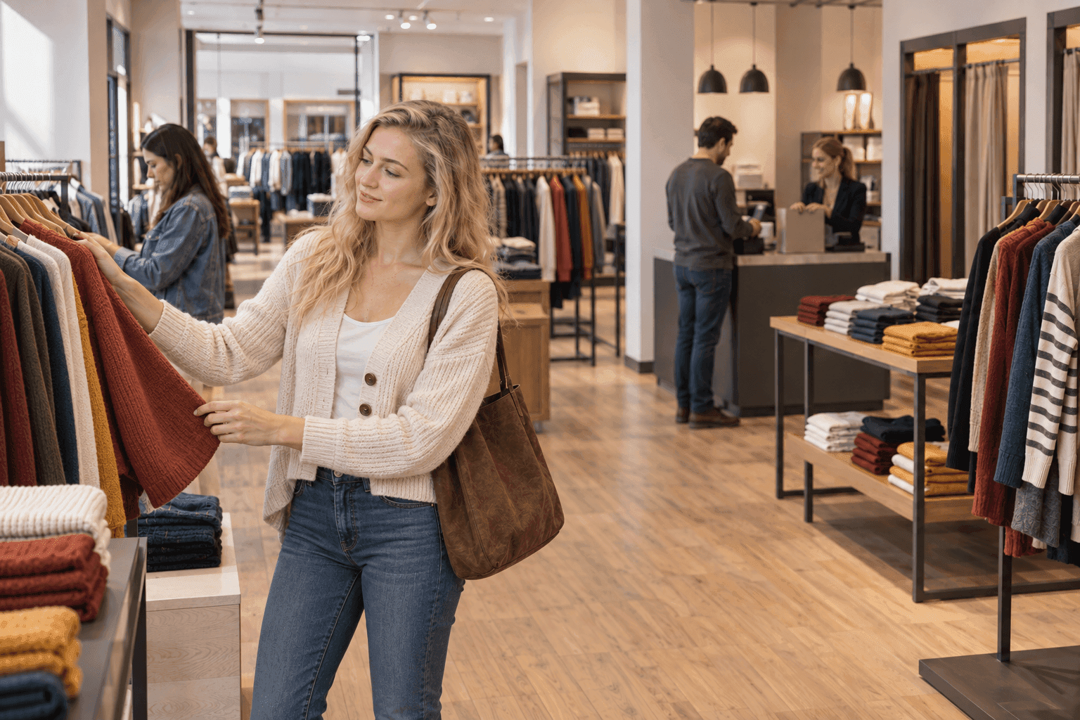 Blonde woman browsing clothing racks in a bright, modern apparel store.