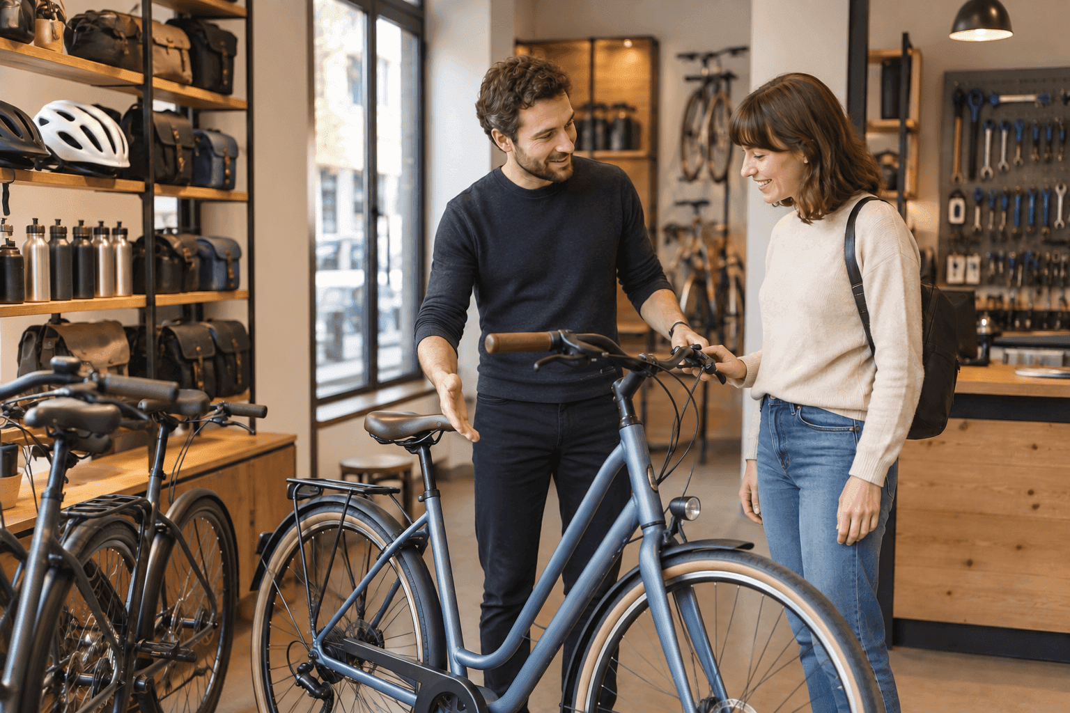 Salesperson explaining features of a dark blue bicycle to a smiling woman in a bike shop.