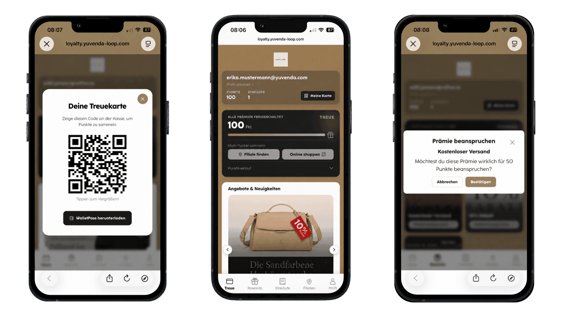 Three mobile screens displaying an app with a QR loyalty card, product details, and confirmation.