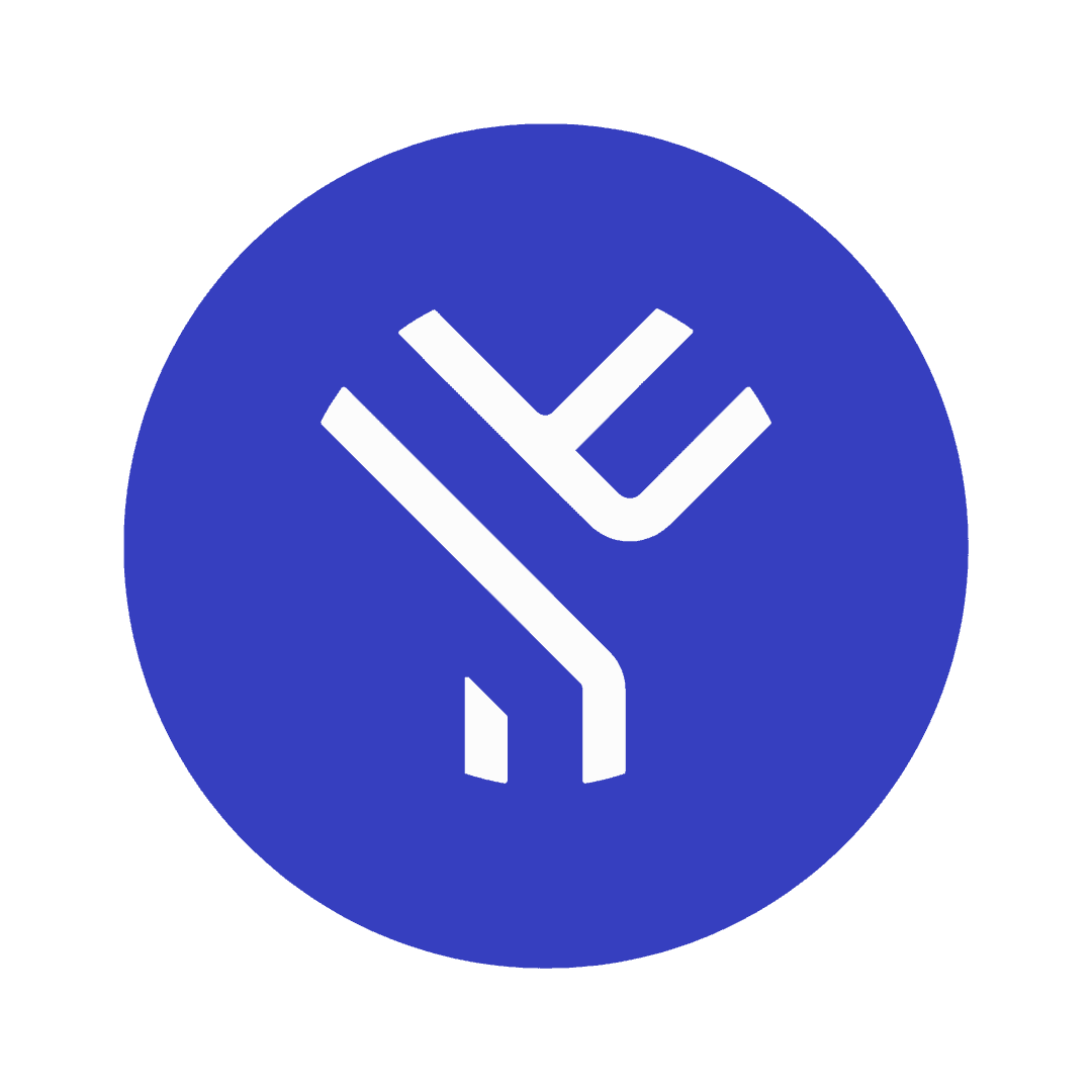 Blue circular logo featuring a white stylized branching symbol, possibly a letter 'Y'.